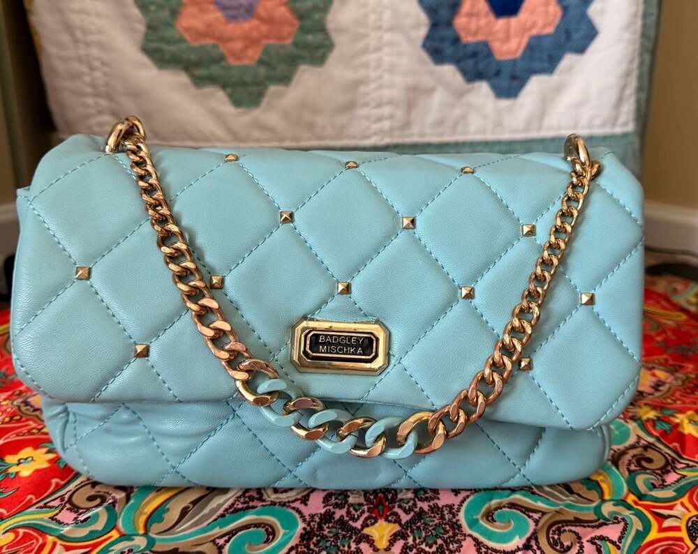 Badgley Mischka Light Blue Quilted Studded Shoulder bag